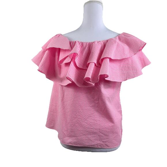 Lilly Pulitzer Seersucker Trixie One Shoulder Ruffle Top XS Pink & White Stripe - Picture 11 of 14
